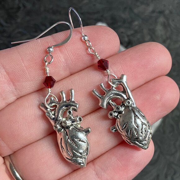Anatomical Heart and Red Bead Handmade Earrings - Picture 5 of 6